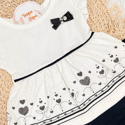 Conj. Batinha Lacinho com Corações e Short - Off White e Preto